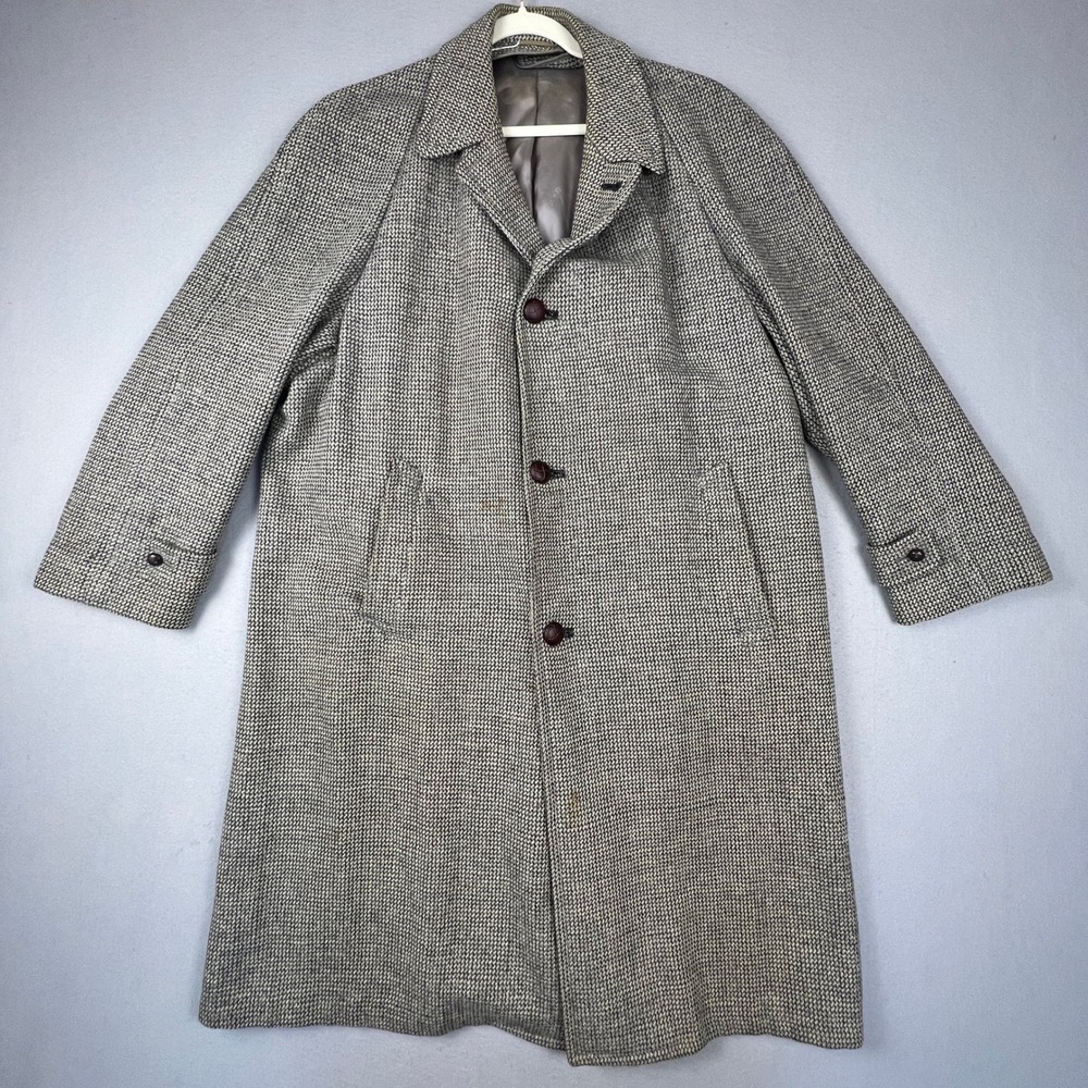 Harris Tweed Overcoat Mens XL Grey Handwoven Pure Scottish Wool Trench Coat VTG